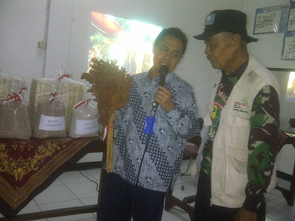 Peneliti Utama Kebijakan Pangan BPPT yang juga mantan Wali Kota Depok Dr Ir Nur Mahmudi Ismail, M.Sc bersama Abah Sorgum saat sosialisasi sorgum sebagai diversifikasi pangan di Desa Bojongmanggu, Kec Pameungpeuk, Kab Bandung, Rabu (26/10). by iwa/bbcom