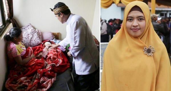 Bupati Bandung H. Dadang M Naser menjenguk bayi Ahmad Naser yang dilahirkan di RTK (Rumah Tunggu Kelahiran) Desa Negla Kecamatan Kertasari, Jumat (4/10). Kanan; Bidan Desa Neglawangi Kec. Kertasari Yeyet Hayatun Nufus. by Humas Pemkab Bandung.
