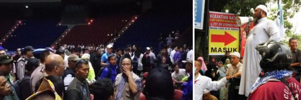Sekelompok Ormas Islam menuntut pembubaran kegiatan Kebaktian Kebangunan Rohani (KKR) oleh Pendeta Stephen Tong di Sabuga, Selasa (7/12). by IST