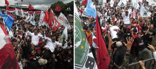 Calon Walikota dan Wakil Walikota Cimahi Ajay M Priatna-Ngatiyana melakukan aksi moshing saat kampanye rapat umum di Stadion Sangkuriang Cimahi, Minggu (29/1). by iwa/bbcom