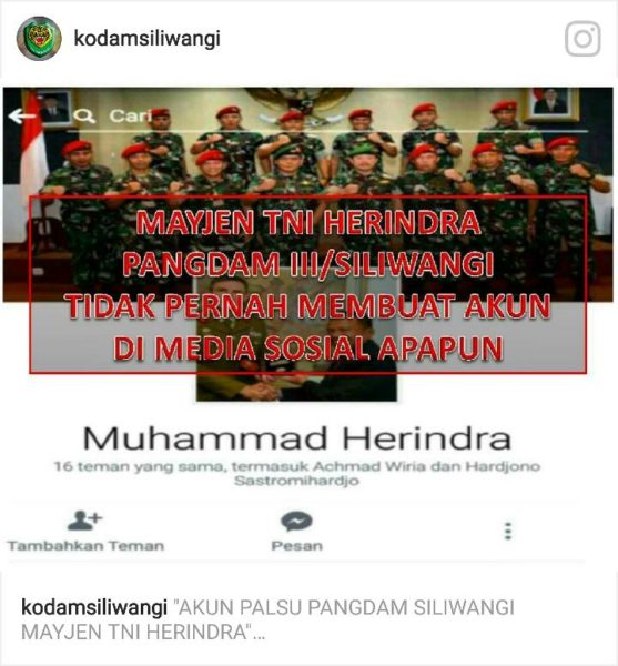 Pendam Sililwangi bantah akun Fb milik Mayjen Herindra (Pangdam Siliwangi).
