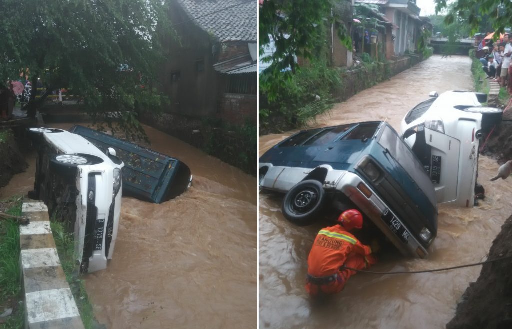 Jalan Ciapus Ambles, 2 Mobil Terperosok ke Kali